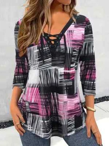 PLUS SIZE 20 22 24 26 PINK BLACK CHECK PRINT T SHIRT TOP BLOUSE STRETCH TIED - Picture 1 of 5