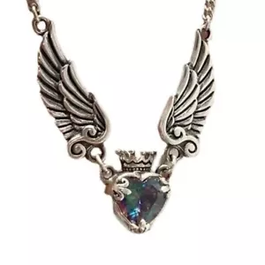 Necklace Heart Crown with Wings Glass Mystic Topaz Silver Tone - Picture 1 of 1