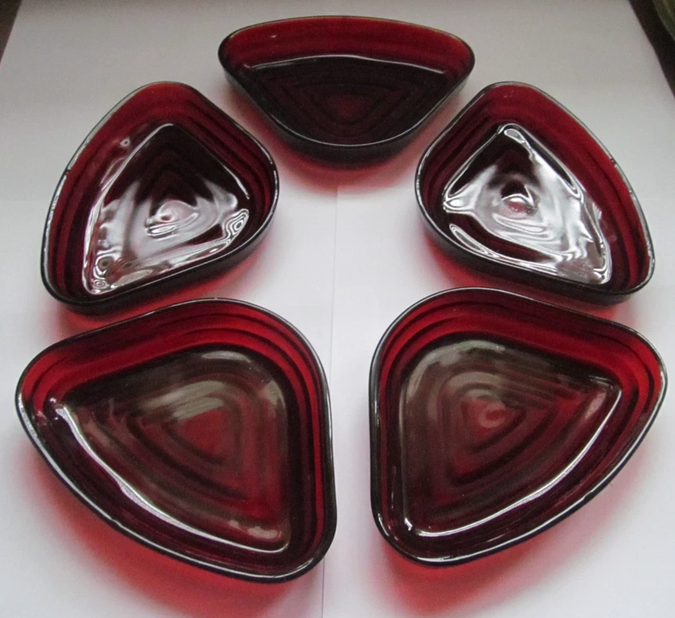 5 Relish Tray Inserts Anchor Hocking Manhattan Ruby Red Glass - Image 1 of 1