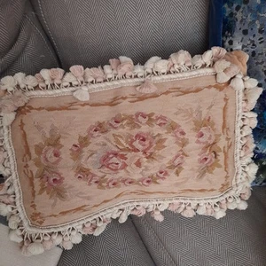 Antique Needlepoint Rose Cushion With Tassles - Picture 1 of 4