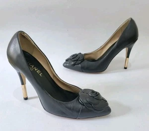 CHANEL Black Leather Camellia Flower High Heel Pumps Size EU 39 US 8.5 - Picture 1 of 23