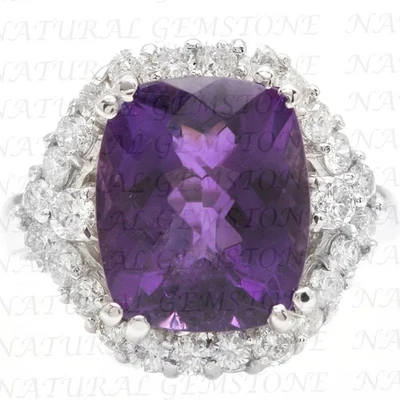 Alianza de bodas de diamantes y amatista natural de corte cojín de 6 quilates enchapada en oro blanco de 18 quilates Foto 1 de 4