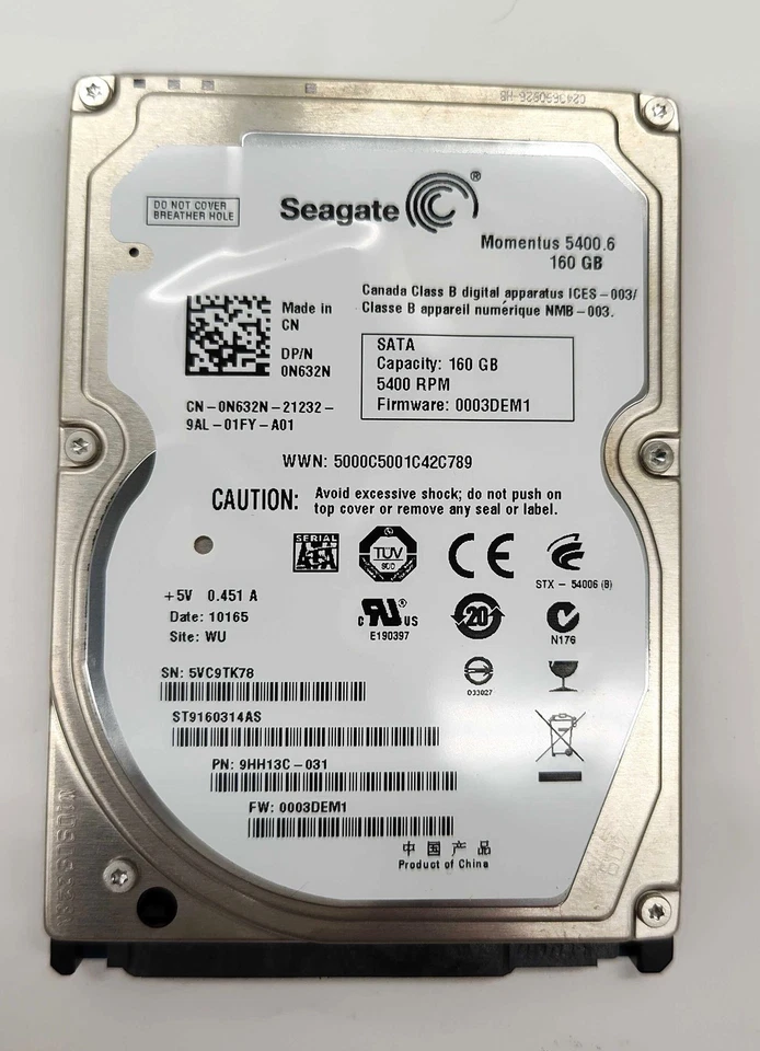 160gb Momentus Series 5.4k Rpm 9.5mm 8mb Cache Interal 2.5in Sata Hard Drive - - Image 1 of 1