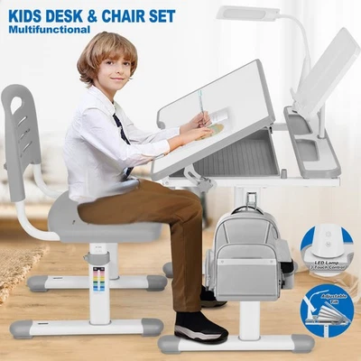 Grau Höhenverstellbar Kinder Arbeitszimmer Schreibtisch Tisch Stuhl Set mit Lampe, Schublade, Stuhl Abdeckung - Bild 1 von 4