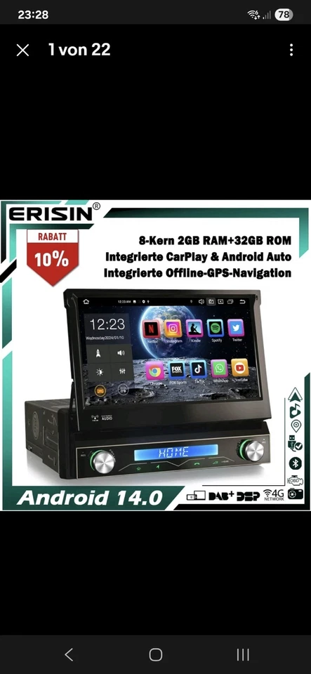 Din1 Autoradio mit Automatischem Bildschirm Nagelneu und Original Verpackt DAB + - Bild 1 von 4