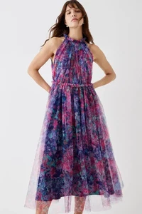 BNWT Coast Printed Mesh Frill Neck Pink Midi Dress UK 14 - Bild 1 von 6