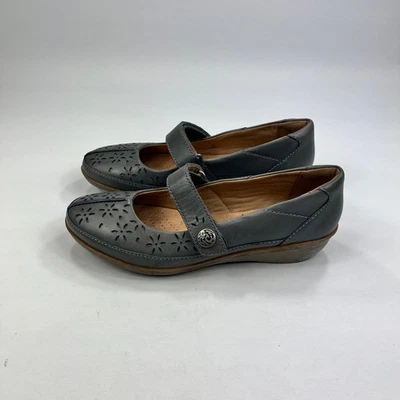 Clarks Womens Grey Leather Mary Jane Comfort Shoes UK 3 Flower Cutout Wedge Heel - Image 1 of 4