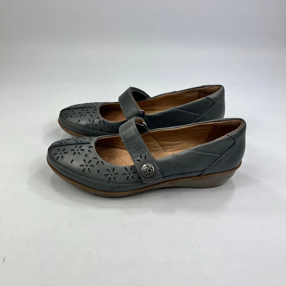 Clarks Womens Grey Leather Mary Jane Comfort Shoes UK 3 Flower Cutout Wedge Heel - Image 1 of 4