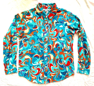 Top NorthStyle Abotonado Abstracto Azul y Naranja Manga Larga con Cuello Talla S Foto 1 de 4