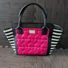Betsey Johnson New York Quilted Purse Pink Hearts Black & White Stripes Hand Bag