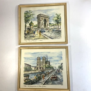 Paar Vintage Aquarell Kunstdruck Paris Peter Arno Notre Dame Arc de Triomphe gerahmt - Bild 1 von 7