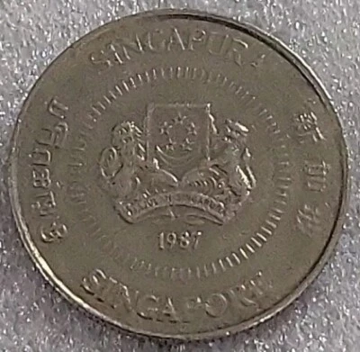 Singapore 1987 10 Cents KM# 51 Coat of Arms Lion Tiger Star Jasmine Plant *B526 - Image 1 of 3