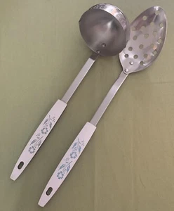 SALE! Vintage Stainless Steel Ladle and Slotted Spoon Blue Flower Pattern USA - Picture 1 of 4