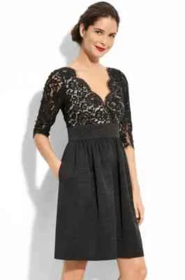 Eliza J Fit & Flare Cocktail Dress Sz 6 Womans Black Lace Overlay V-Neck Pocket - Image 1 of 4