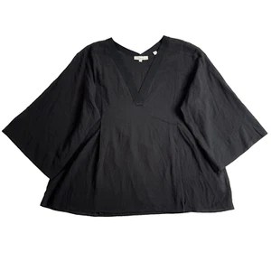 Vince Blouse Top Womens Small Black Rib Trim Double V Neck Wide Sleeve Cotton - Picture 1 of 16