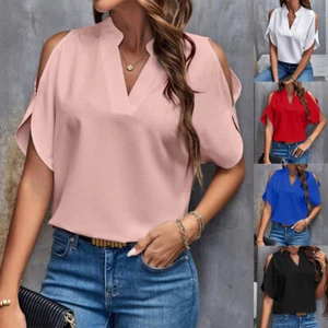Women Cold Shoulder V Neck Tunic Tops Ladies Summer Loose Office T Shirt Blouse - Picture 1 of 23