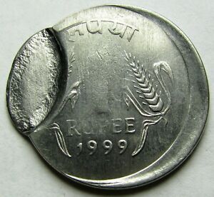 ERROR India 1999 1 Rupee Coin Off center strike + indent - Nice Uncirculated