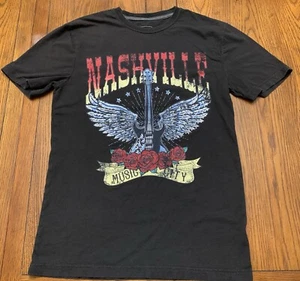 Nashville Music City T-Shirt Flying Guitar mit Rosen Distressed Print schwarz Small - Bild 1 von 5