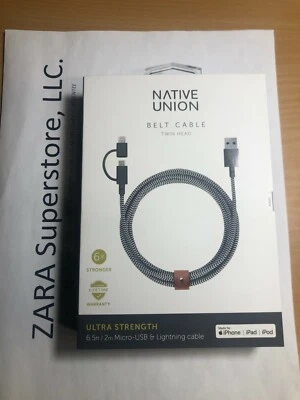 NEW Native Union Belt Braided Cable Twin Head Micro USB / 8-Pin 6.5' Zebra  - Image 1 of 4
