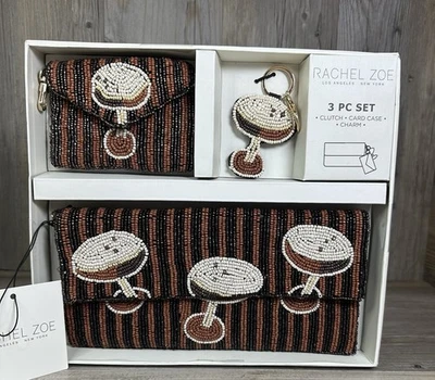 JUEGO DE 3 PIEZAS RACHEL ZOE CUENTAS RAYAS ESPRESSO MARTINI CLUTCH ESTUCHE PARA TARJETAS Y BOLSO ENCANTO Foto 1 de 4
