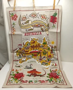 Vintage HEIL australisches Leinen/Baumwolle Souvenir Geschirrtuch Bild Karte Aborigine-Stil - Bild 1 von 13