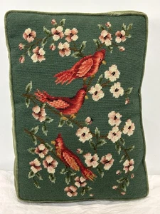 Vintage Nadelspitze Kardinal Vögel Kissen grün rechteckig Blumen Samtrücken 18x13 - Bild 1 von 6