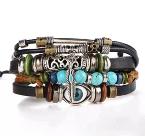 Tribal Evil Eye Synthetic Turquoise Unisex Men Women Leather Wristband Bracelet  - Picture 1 of 3