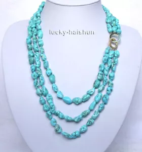 Authentic 21"-23" 3row baroque natural turquoise beads necklace Multi Strand 9KT - Picture 1 of 3