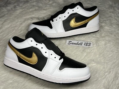 Nike Air Jordan 1 низкий черный носок белый металлик золото Swoosh OG высоты мужчин sz 12 - Изображение 1 из 4