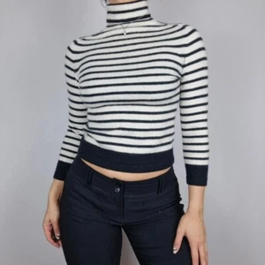 pure collection stripe turtleneck crop cashmere jumper fits S 8-10 black white - Picture 1 of 8