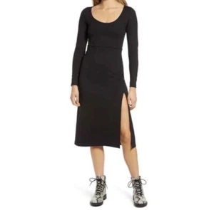 Leith Dress Womens Black Long Sleeve Scoop Neck Side Slit Midi Bodycon Dress M - Picture 1 of 9