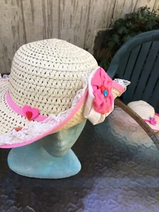 Women’s Straw, Wide Brimmed Hat - Buttons, Side Hair Clip Straw & Pink Handmade - Picture 1 of 3