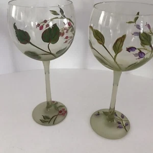 Pair Frosted Wine Glass Tall Stem Goblet Decorative Pink And Purple 8 1/2” Tall - Picture 1 of 7