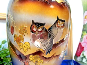 Vintage Japanese Chokin Black multi color Enamel Gold Etched vase Owl NIB - Picture 1 of 5