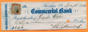 Brooklyn, NY, Commercial Bank, Revenue Stamped Check 1872 to James Roper - Picture 1 of 3