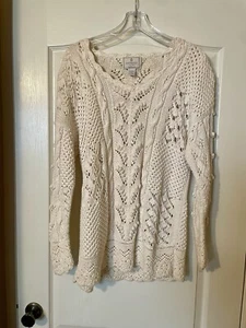 Vintage 90s Express Tricot Hand Knitted Size L Cream Sweater Cottagecore - Picture 1 of 7