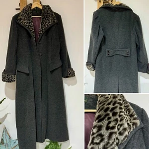 Gianfranco Corneli Alpaca Mohair  Long Dark Grey Fur Collar Trench Coat L 14 16 - Picture 1 of 13