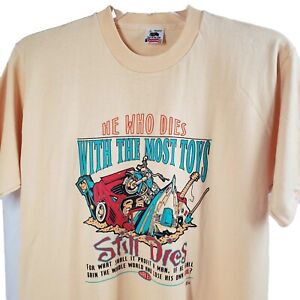 Men's Vintage 90s Yellow Single Stitch Tee Cars Boat Most Toys Funny Tshirt Sz L