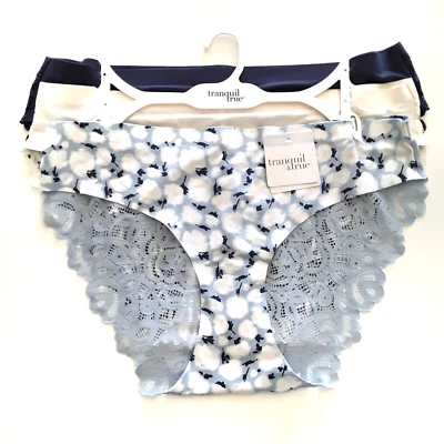 Tranquil & True Womens Size 2X Bikini Underwear Lace Back Blue Ivory 3 Pack - Image 1 of 4