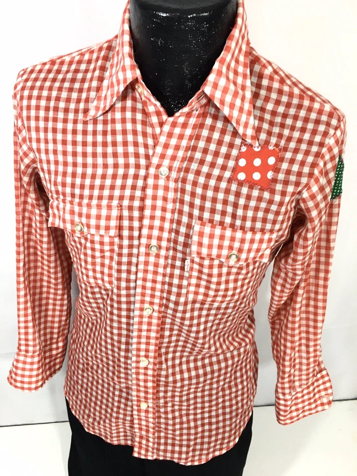 Camisa De Colección Años 70 Levi's Rojo Cuadros GRANDE E Vaquero Occidental MoD Hippie Cuello Mariposa Foto 1 de 4