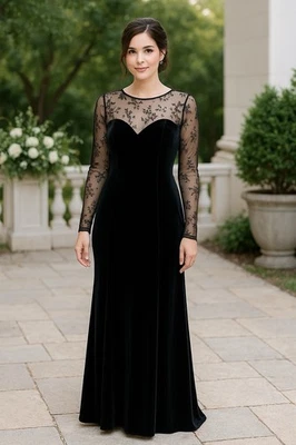 Vestido de Noche Kathie Lee Talla 8 Negro Terciopelo Malla Floral Encaje Maxi Cachicho Foto 1 de 4