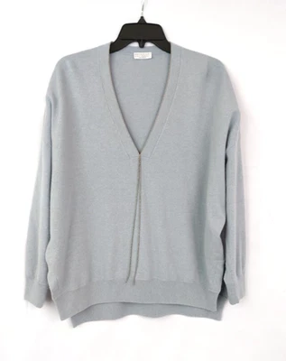 Brunello Cucinelli Women's Cashmere Light Blue Sweater w/ Chain Accent, Size S - Image 1 of 4