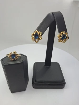 3pc Gold Plated Vivid Blue Topaz And Cz Ring And Earrings Set - Image 1 of 4