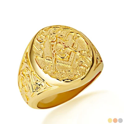 Gold Freemason Square & Compass Filigree Oval Signet Ring (Yellow/Rose/White) - Image 1 of 4