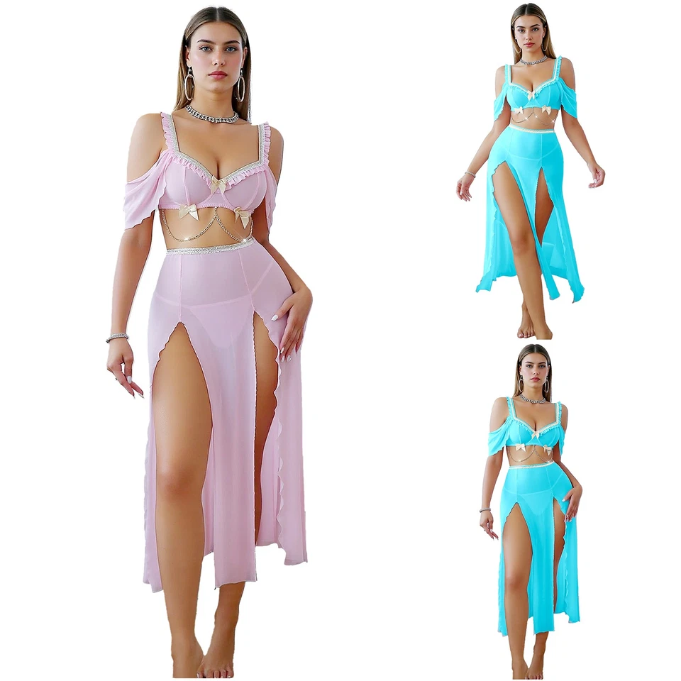 Womens 4 Pcs Belly Dance Set Crop Tops with High Slit Maxi Skirts + Thong+ Chain - Image 1 of 3