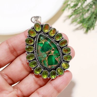 Copper Turquoise, Peridot Gemstone Artisan Jewelry 925 Sterling Silver Pendant - Image 1 of 4