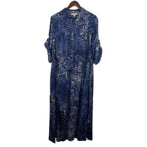 Woman Within Size 20W Blue White Batik Button Maxi Dress Vacation Resort Travel - Picture 1 of 10
