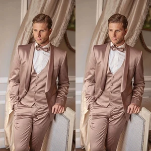 Silk Satin Men's Suit Party Prom Champagne Formal Tuxedo Jacket Evening 3Pcs - Picture 1 of 11