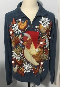 Ugly Christmas Sweater Party Covered in Chickens Manly Sparkle! Winner Men Large - Picture 1 of 6