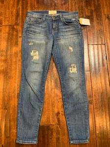 Current/Elliott Medium Wash Straight Ankle Blue Denim Jeans Distressed, Size 25 - Picture 1 of 8